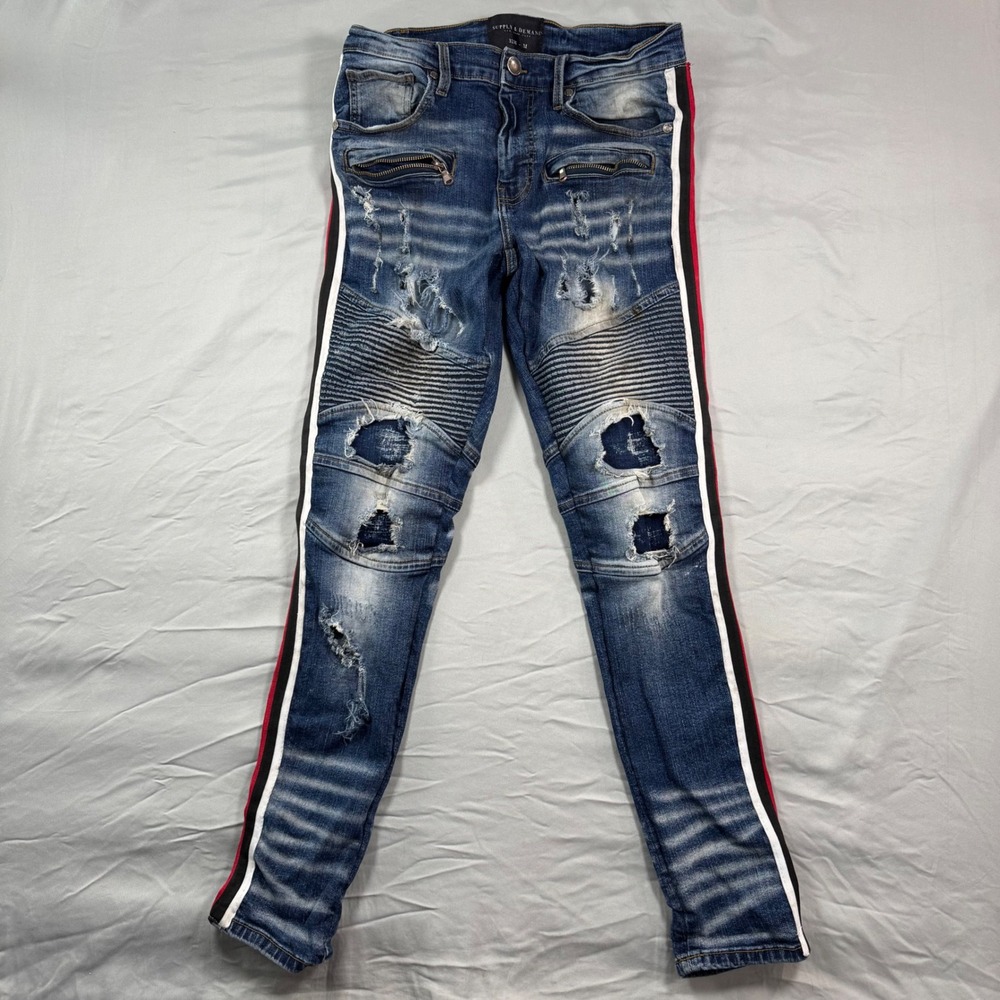 Supply & Demand NYC Distressed Biker Moto Jeans Blue Mens 32W (Fits 30x30.5)